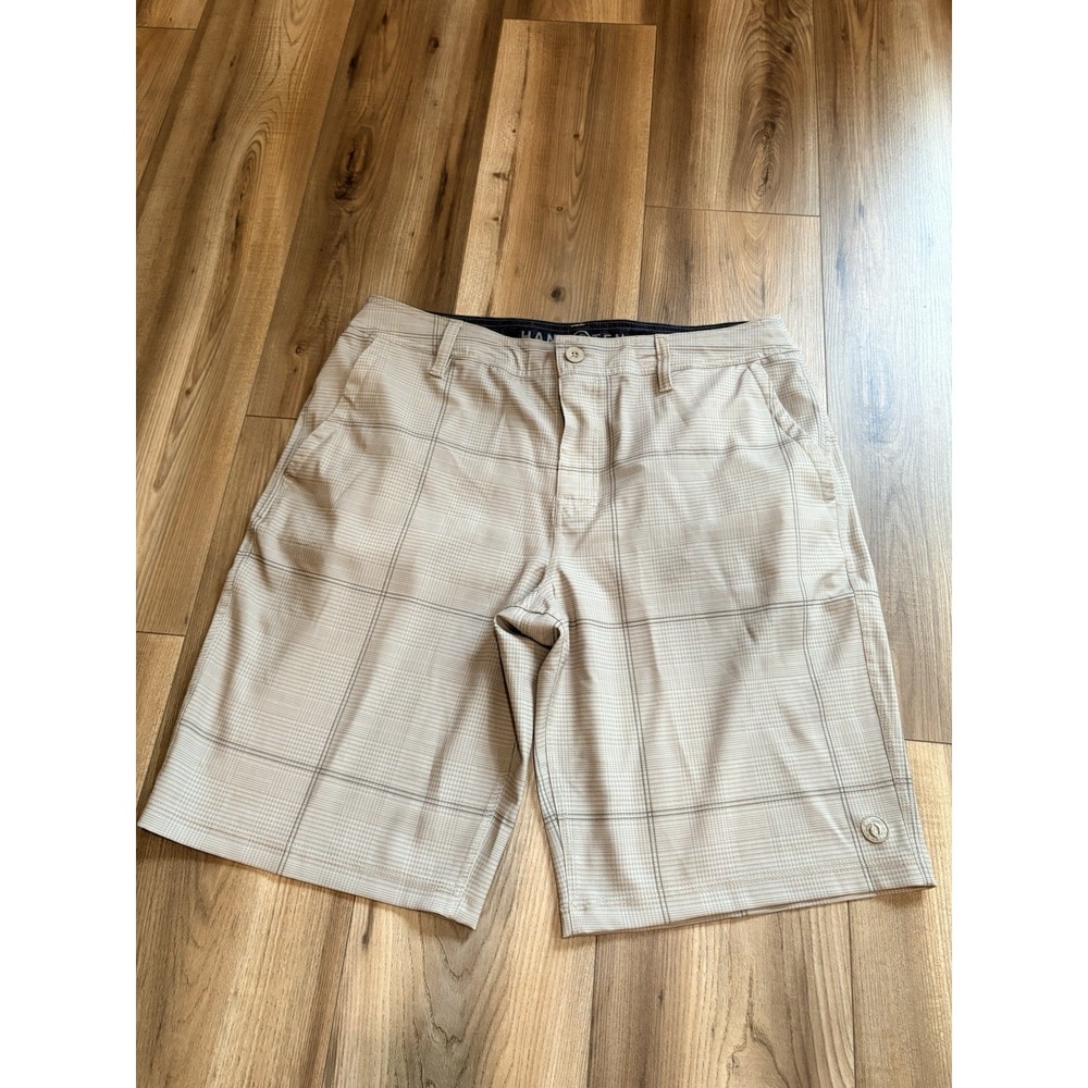 Hang Ten Board Shorts Chino Men's 34 Beige Plaid 11" Inseam Golf‎ Performance